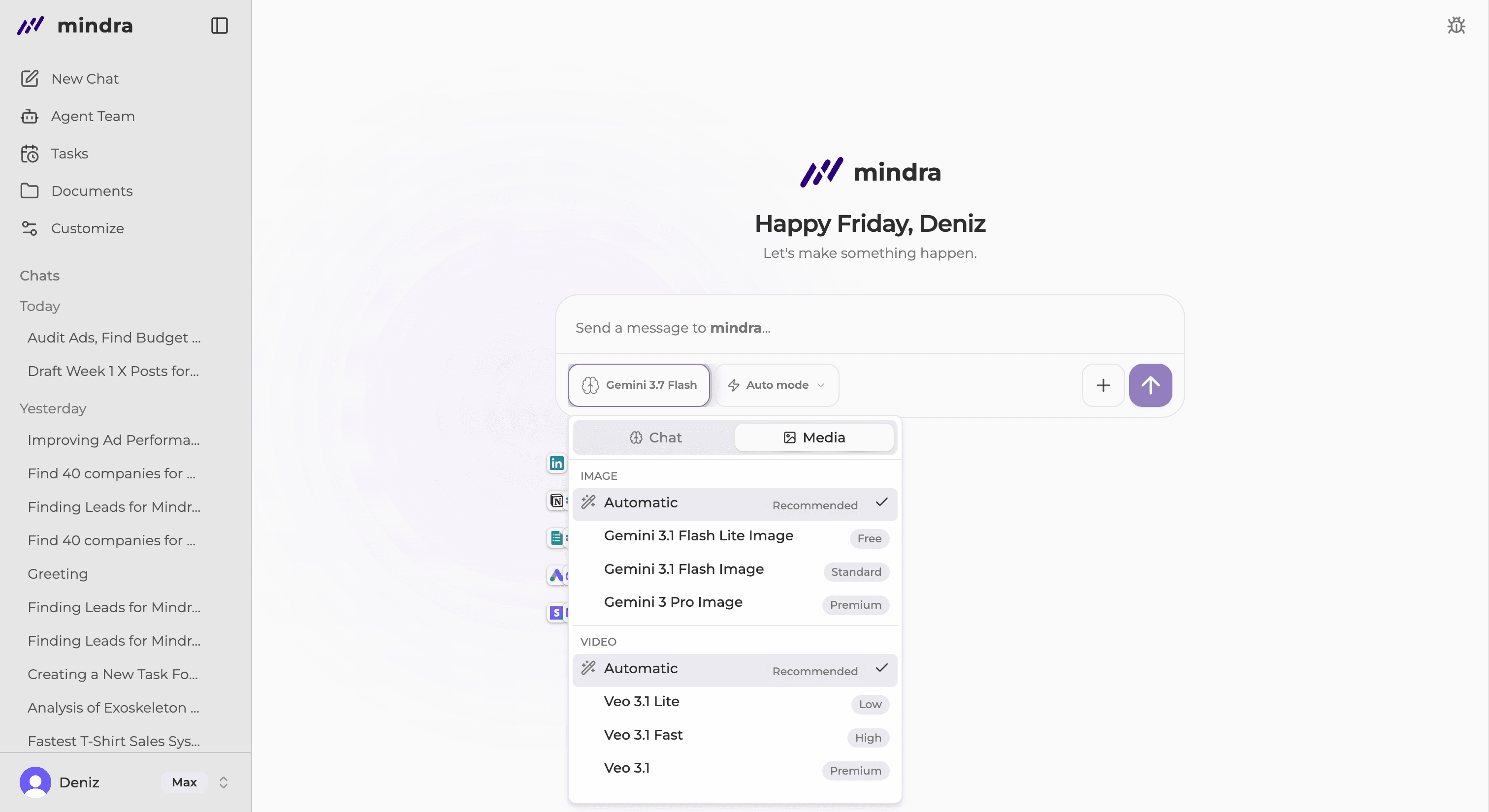 The Media tab with image and video model options