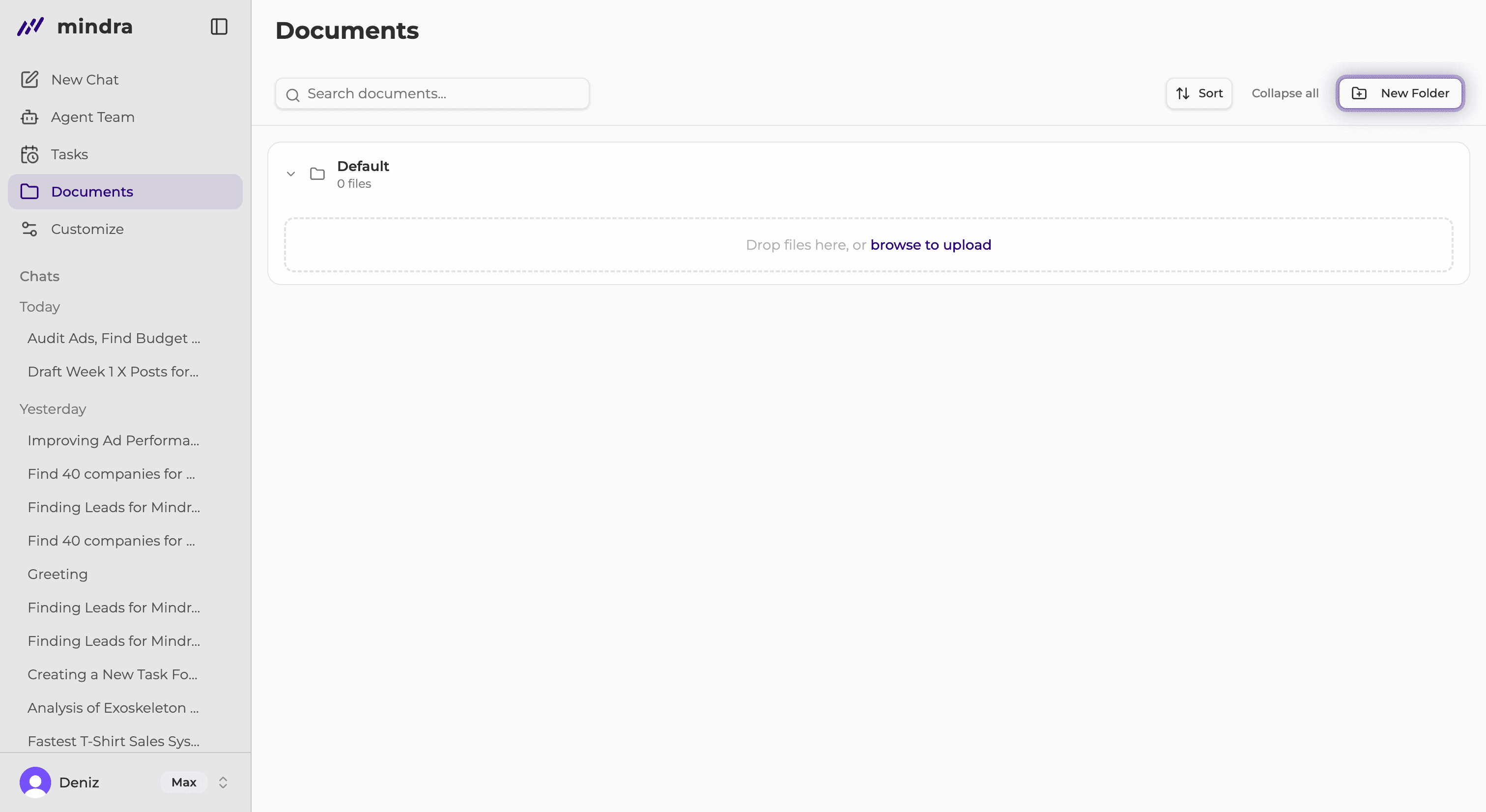 The New Folder button on the Documents page