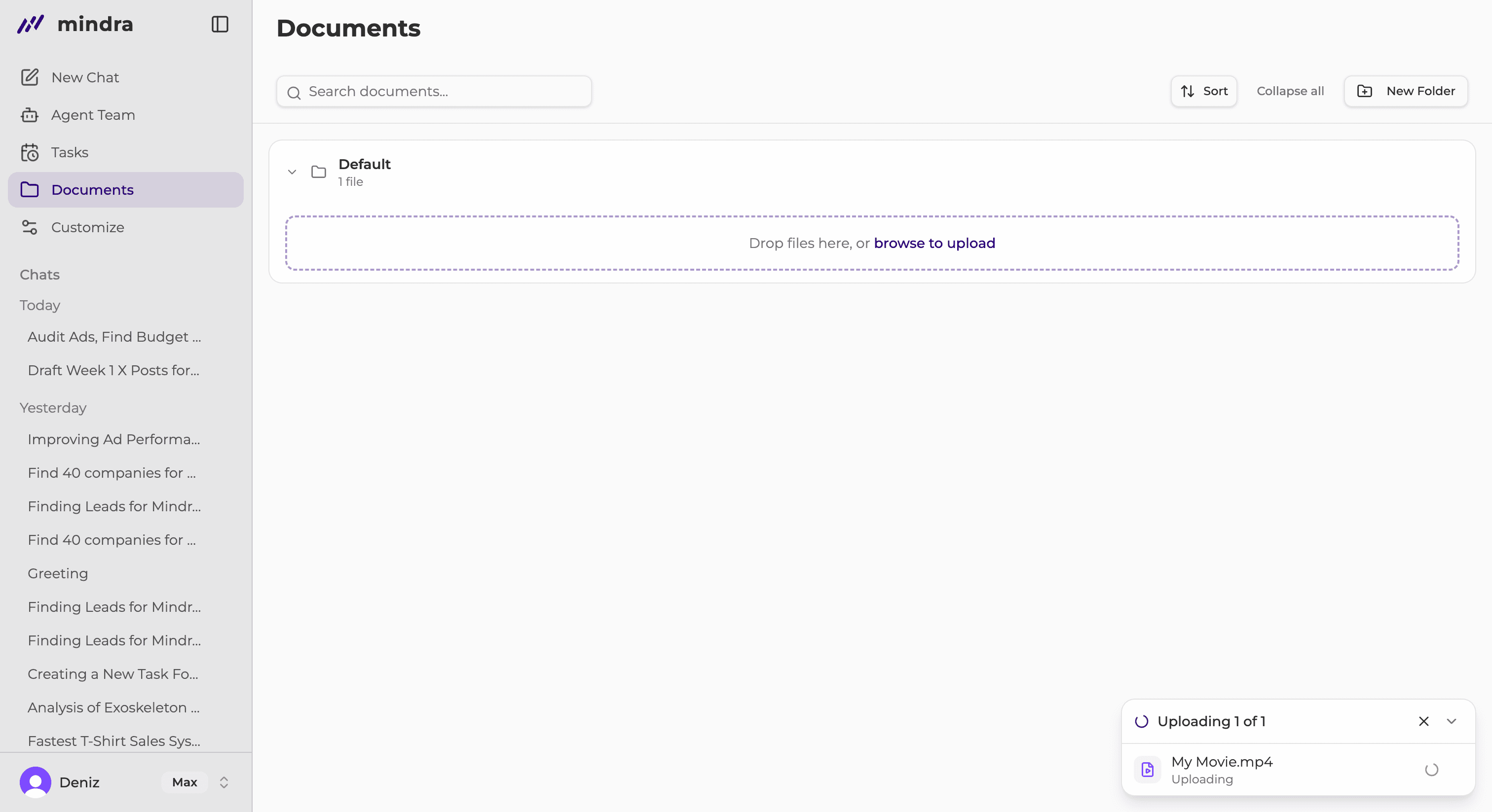 The Documents upload progress panel while a file is processing