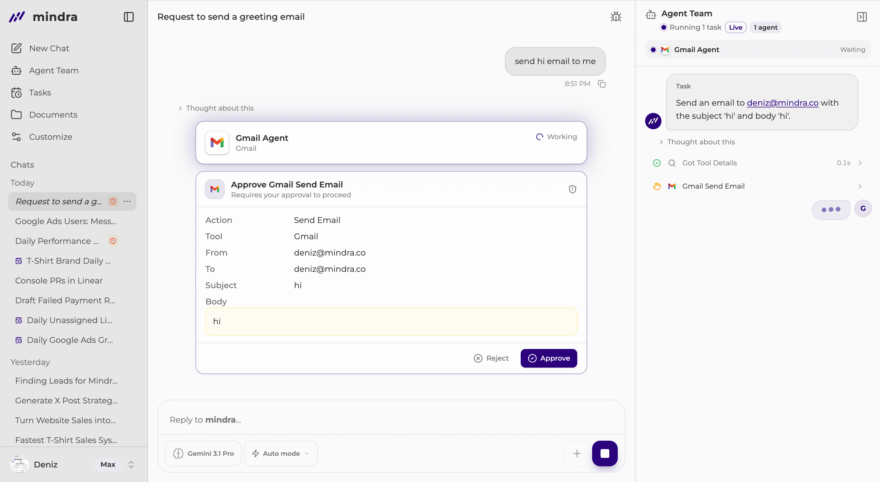 A Mindra request with a Gmail action waiting for approval