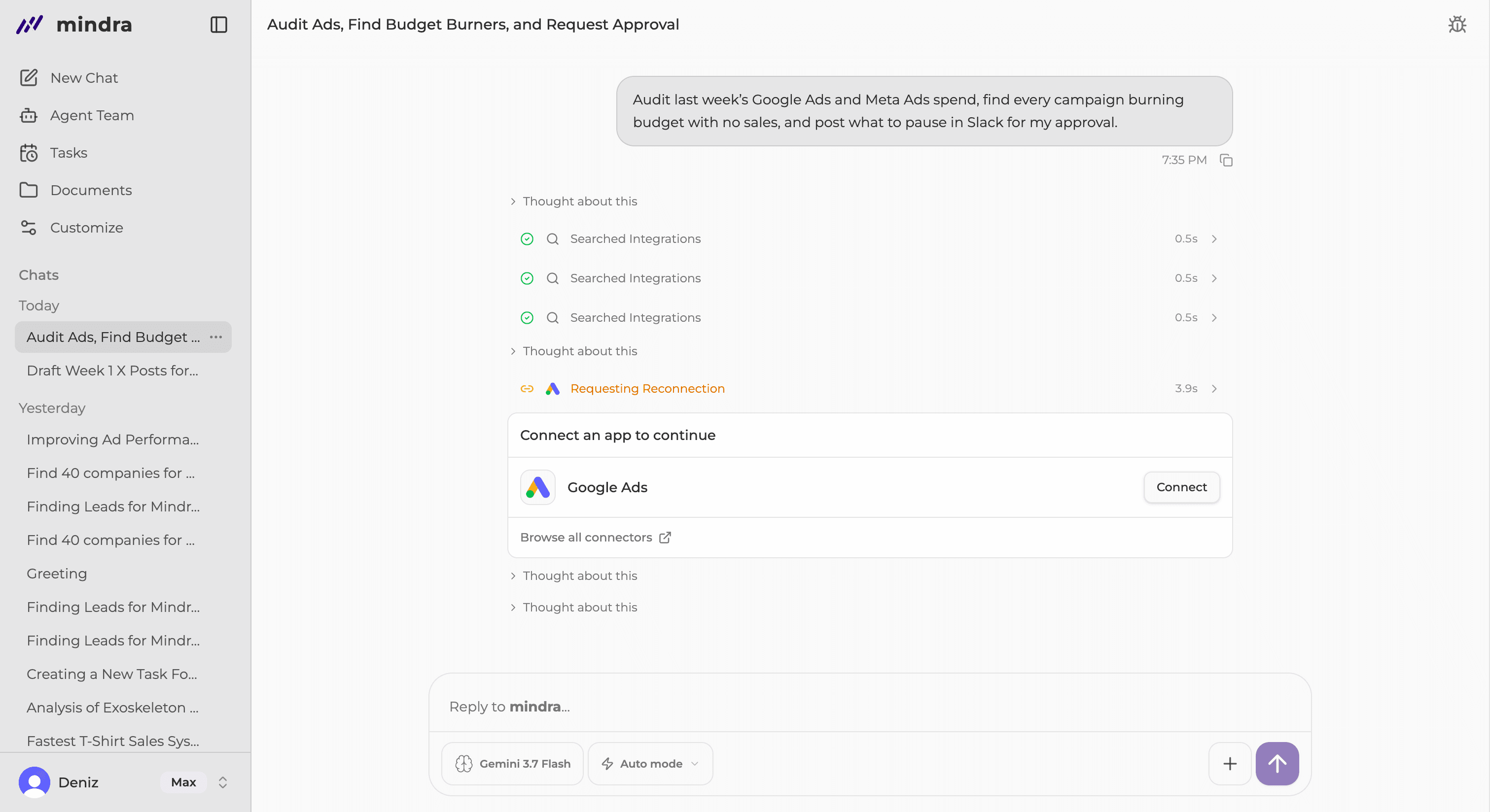 Mindra showing a Connect app card inside a pending chat request