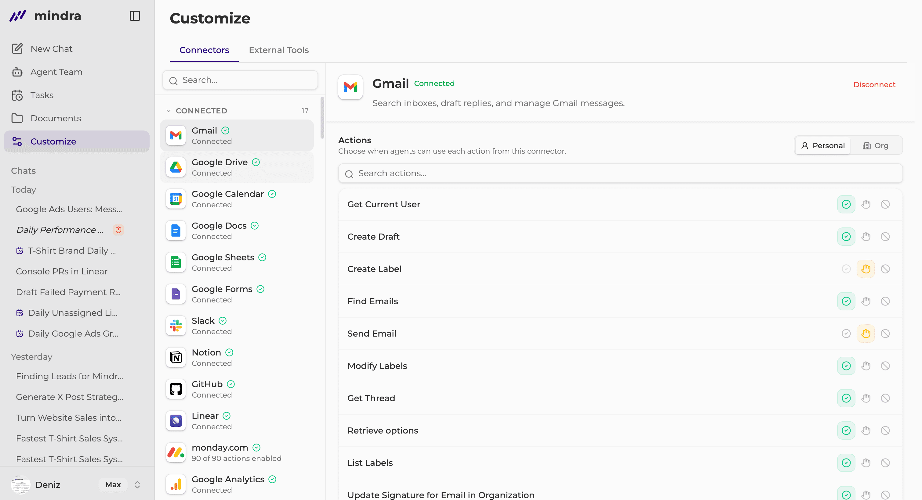 Customize open to a connected app and its available actions