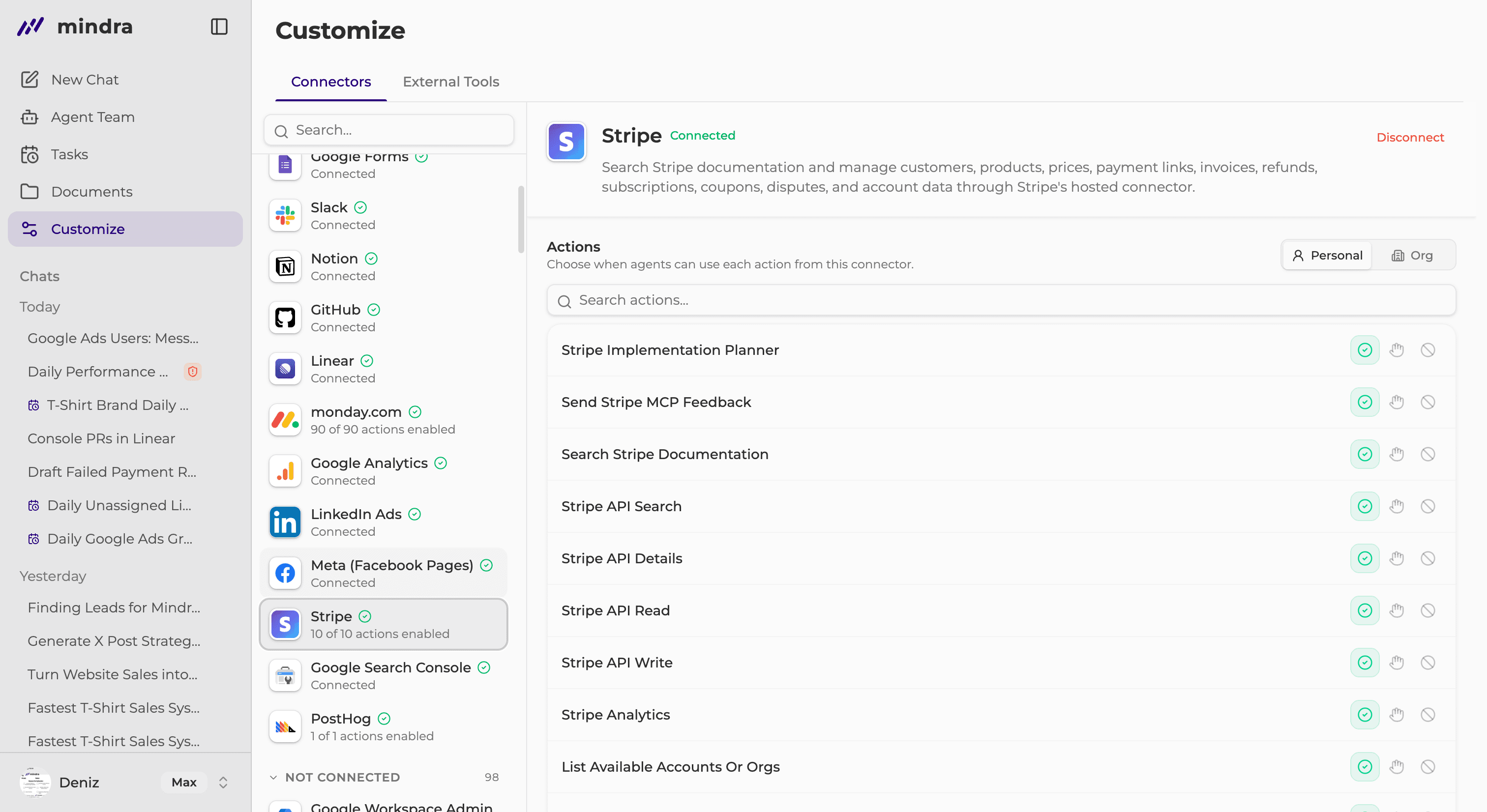 A connected app with its Personal and Org action approval settings
