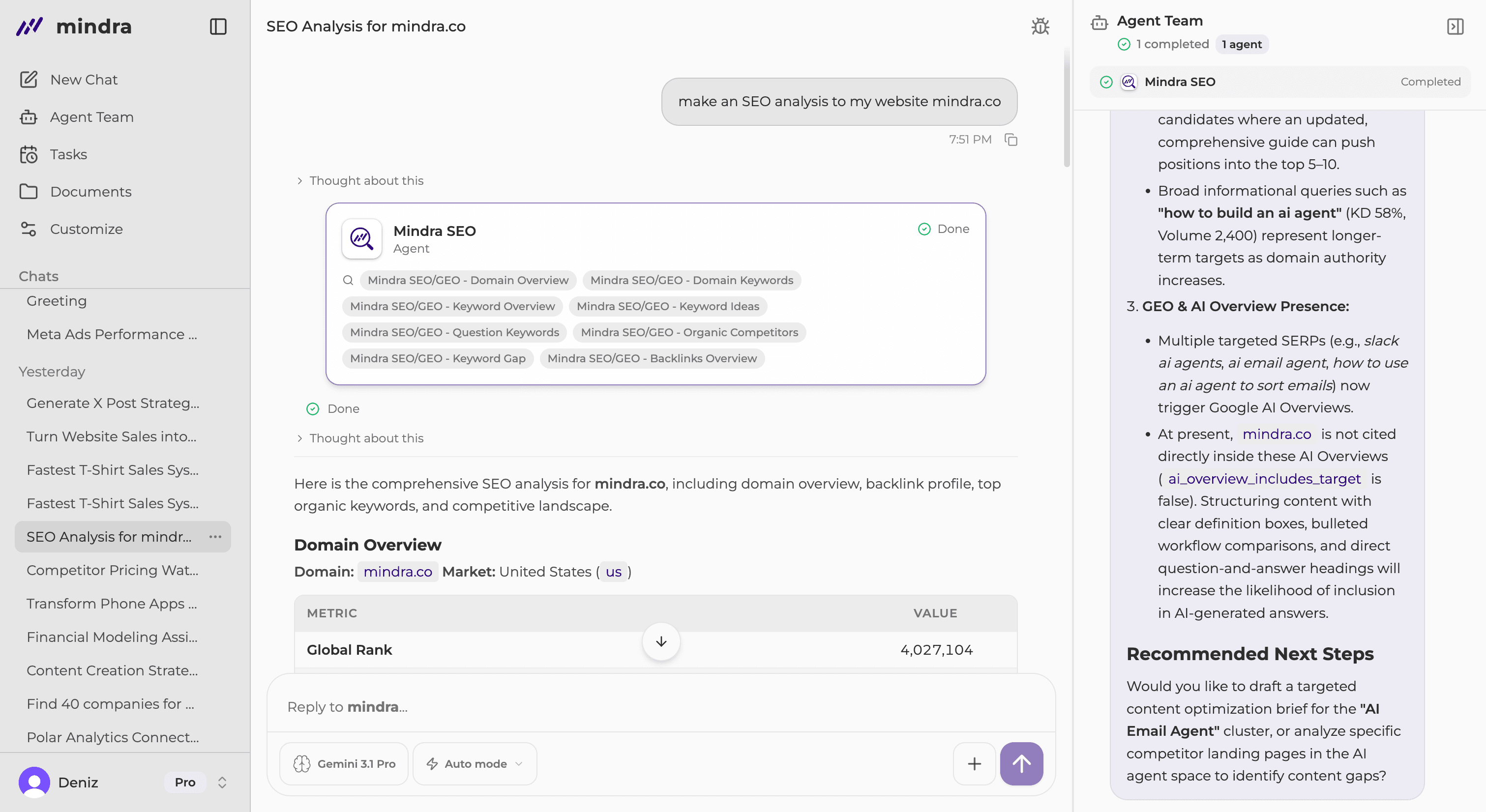 A Mindra chat request that creates and runs a reusable agent