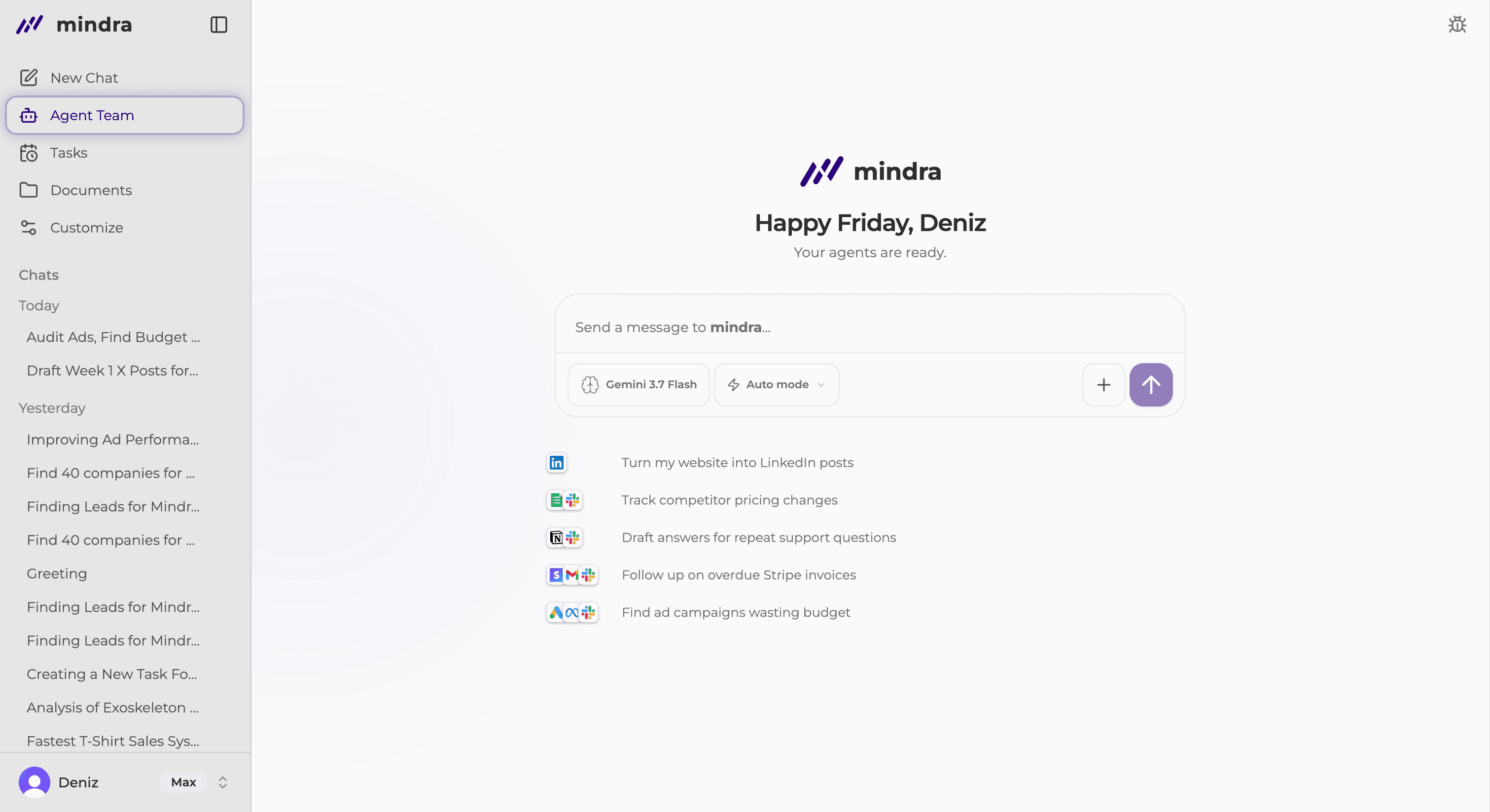 Agent Team selected in the Mindra sidebar