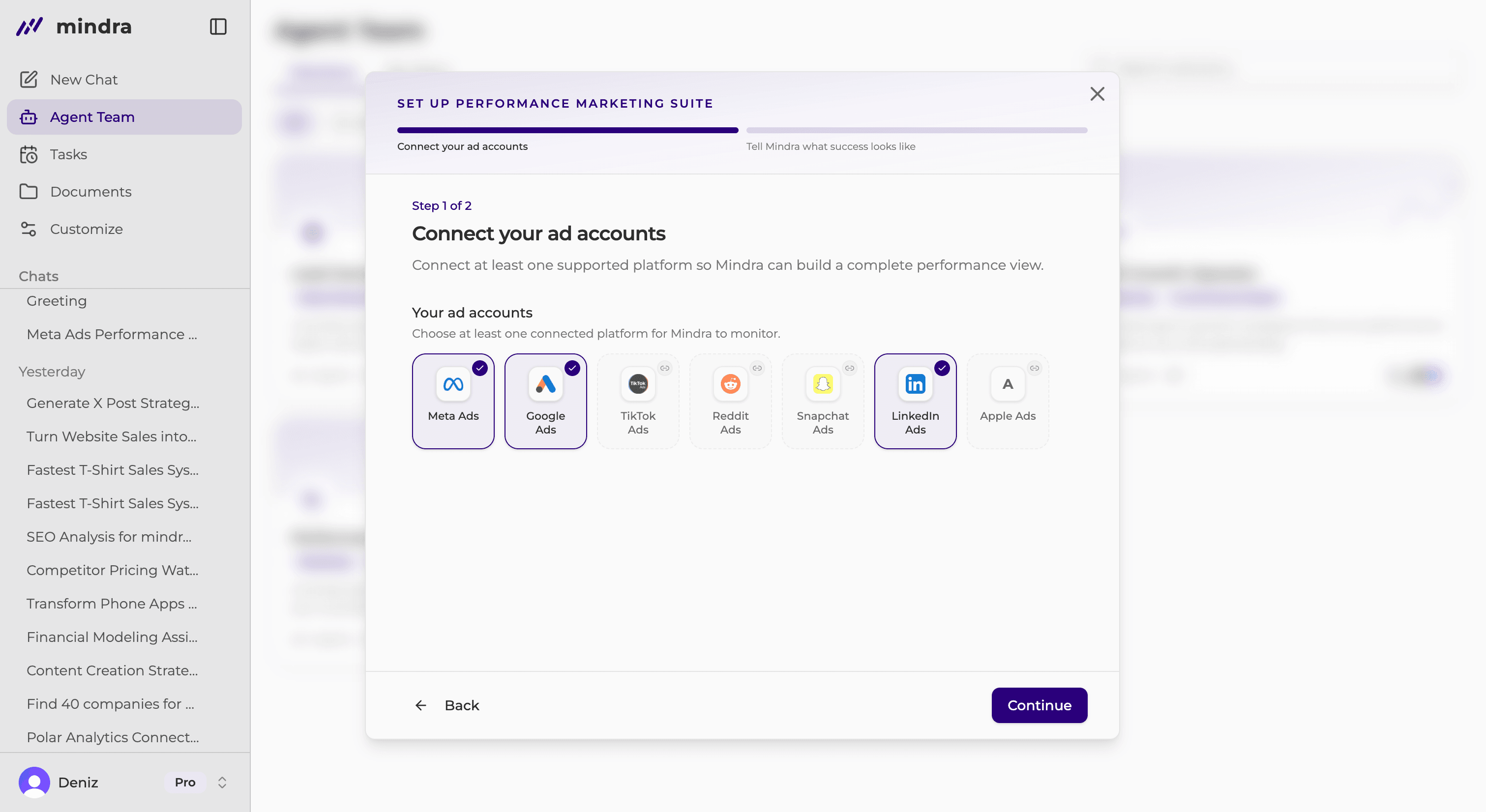 A solution setup panel with required app connections and the Continue button