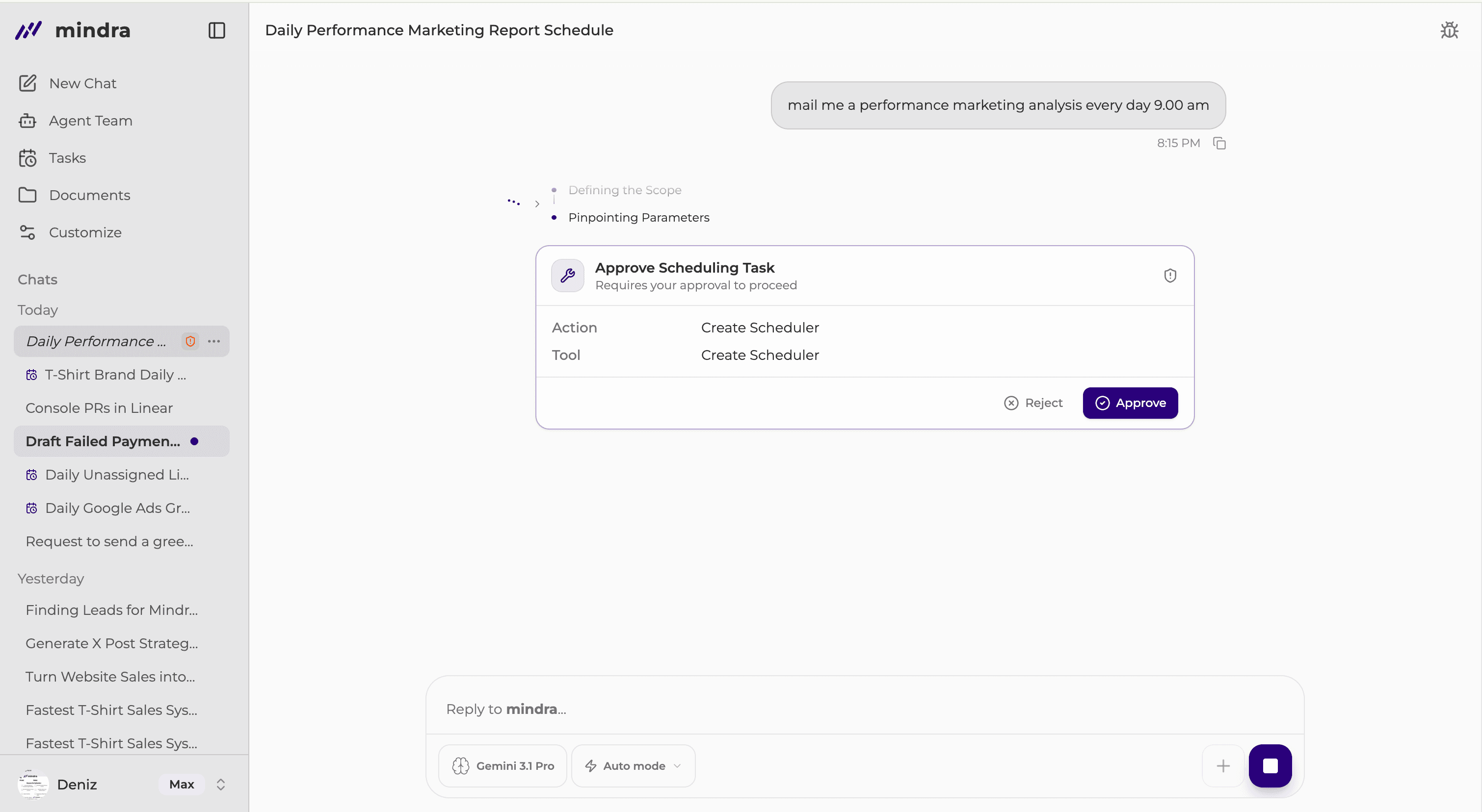 A recurring task request with a scheduling approval card in Mindra chat