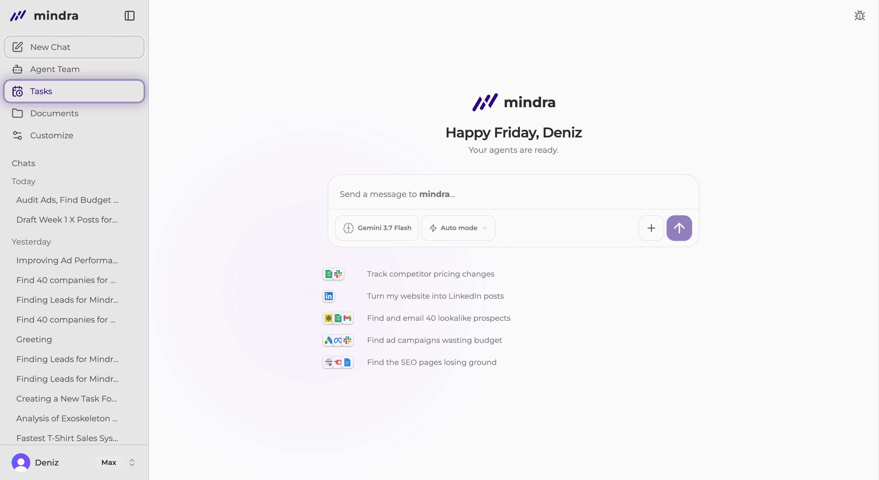 Tasks selected in the Mindra sidebar