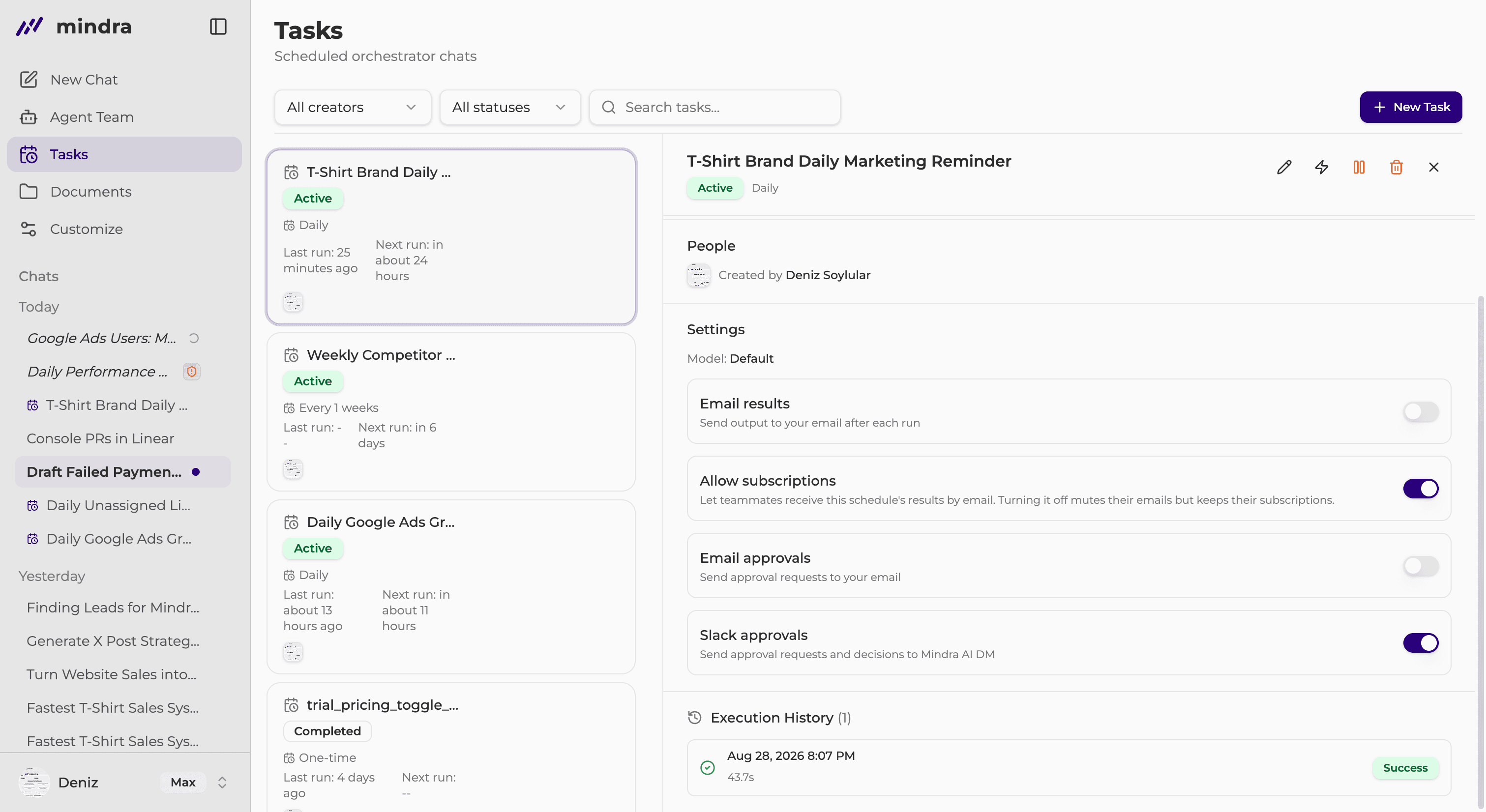 The Tasks page with a selected schedule, settings, and execution history