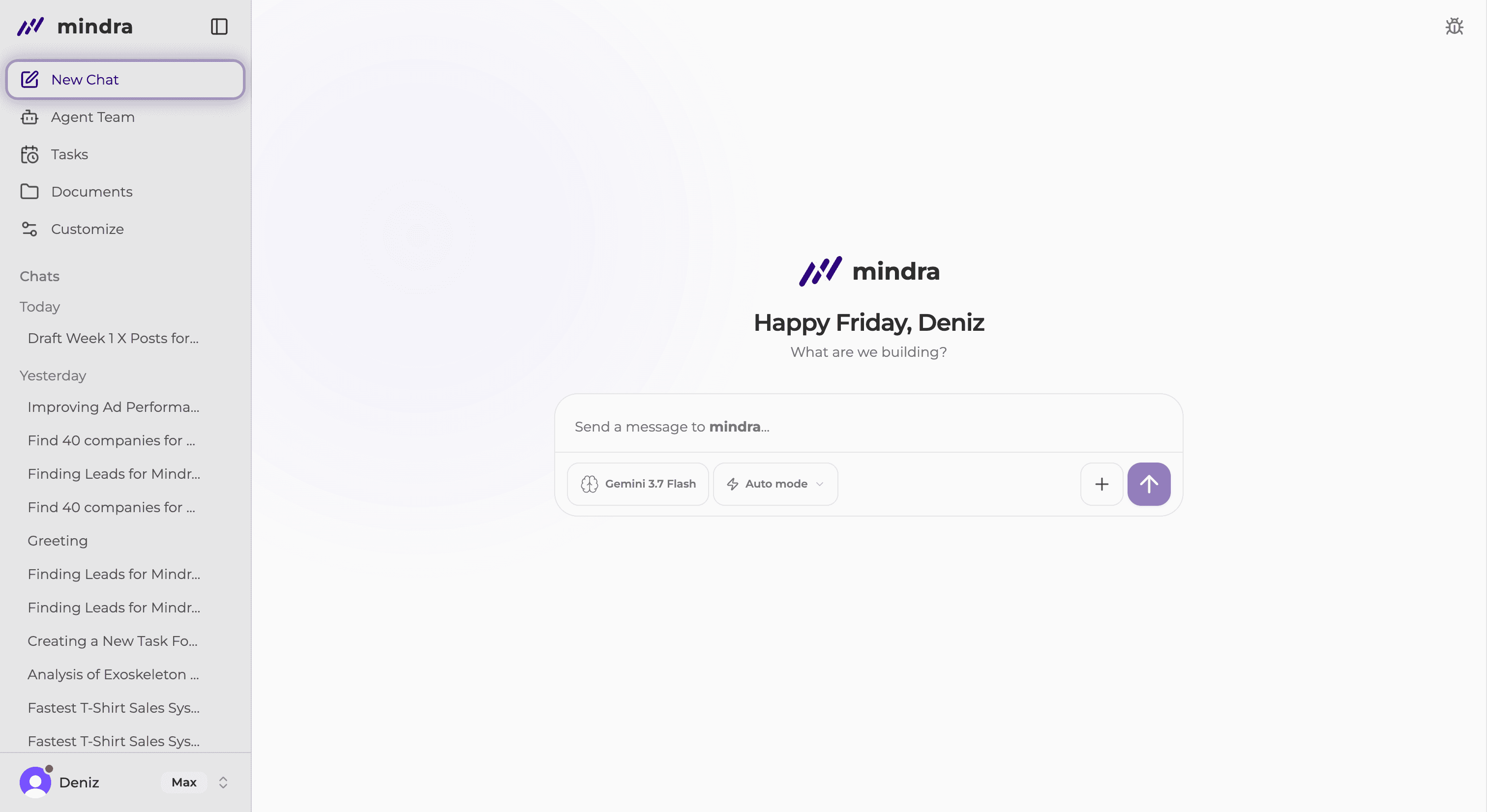 New Chat selected in the Mindra sidebar