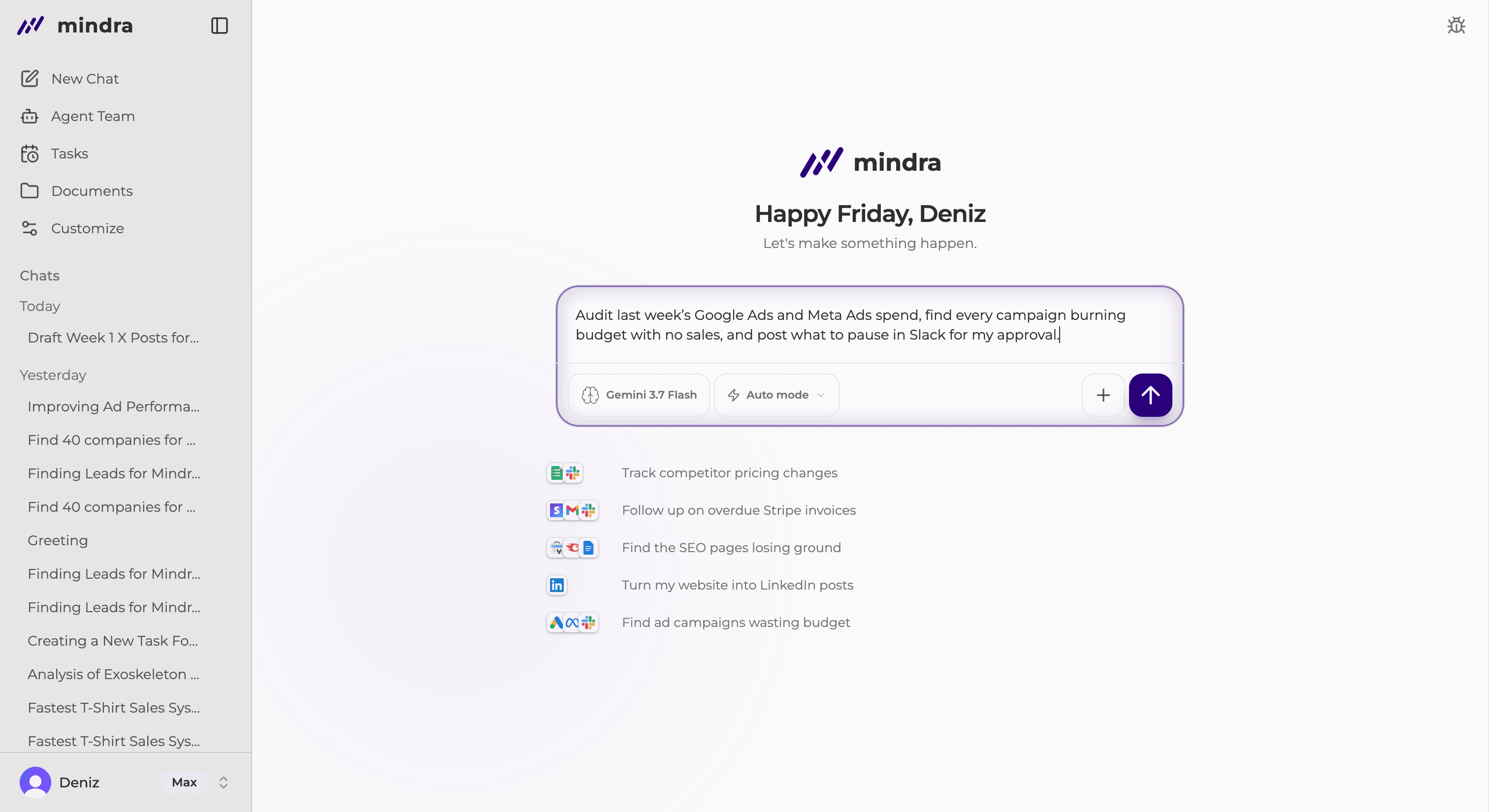 A request entered in the Mindra chat composer