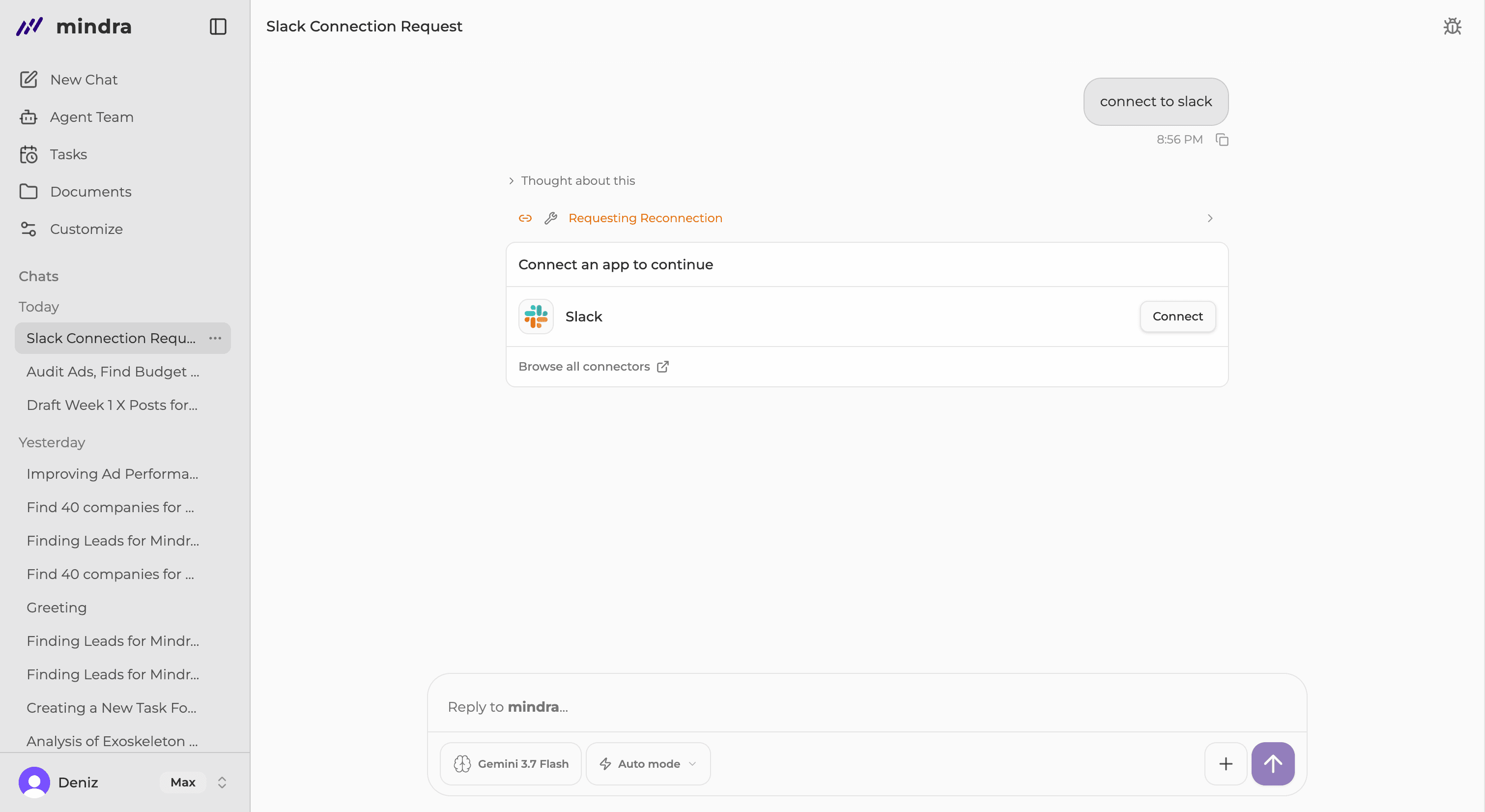 Mindra showing a Slack connection card inside a chat request