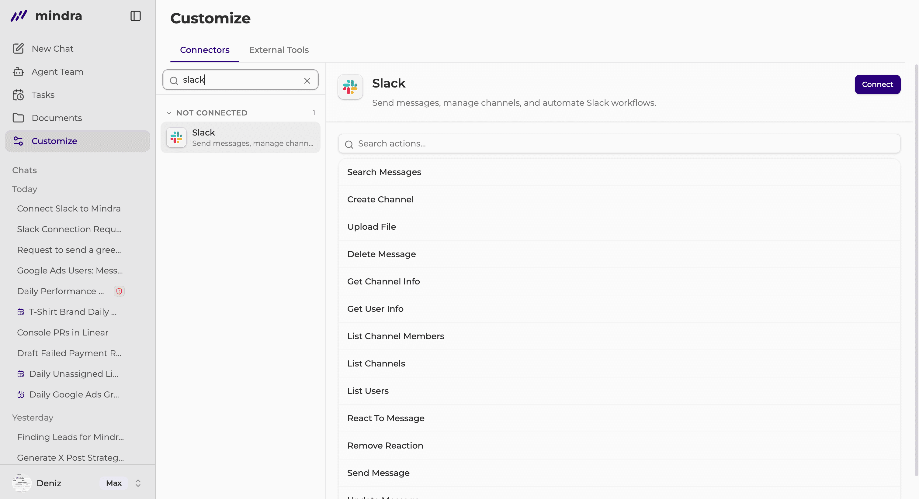 The Slack connector details with the Connect button