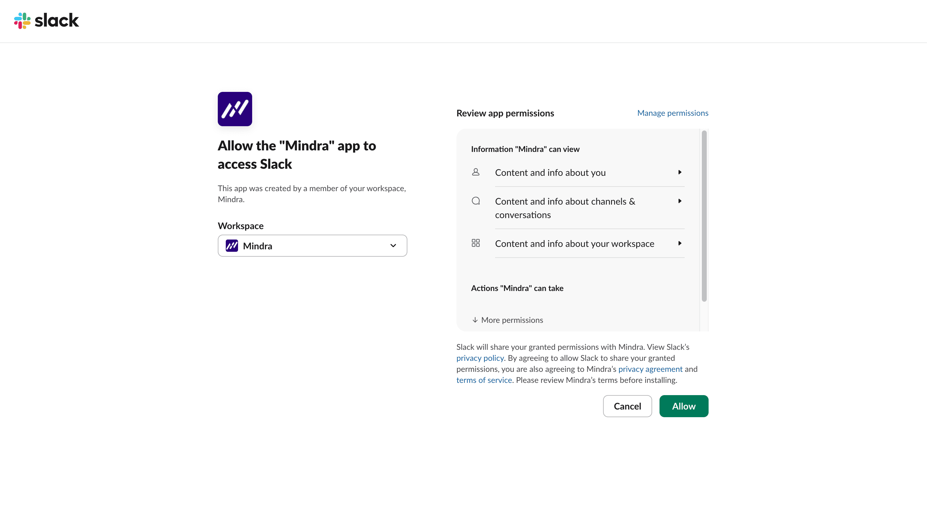 The Slack permission screen for the Mindra app