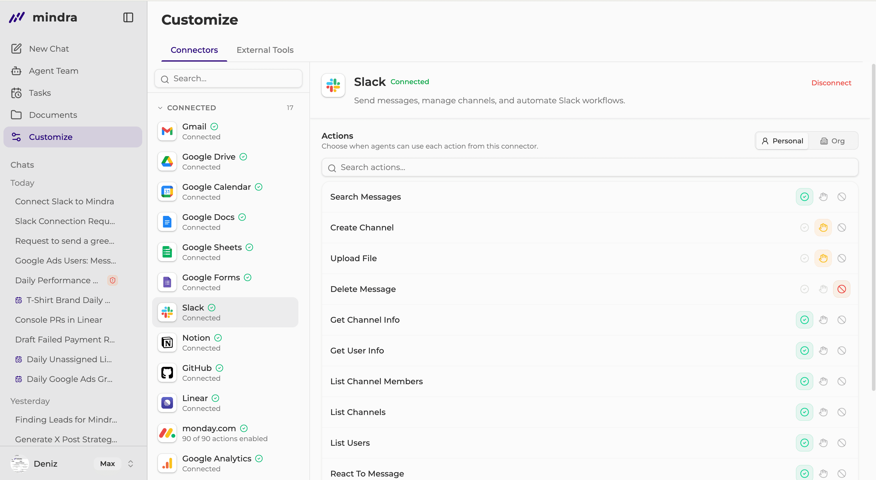 The connected Slack connector with action settings