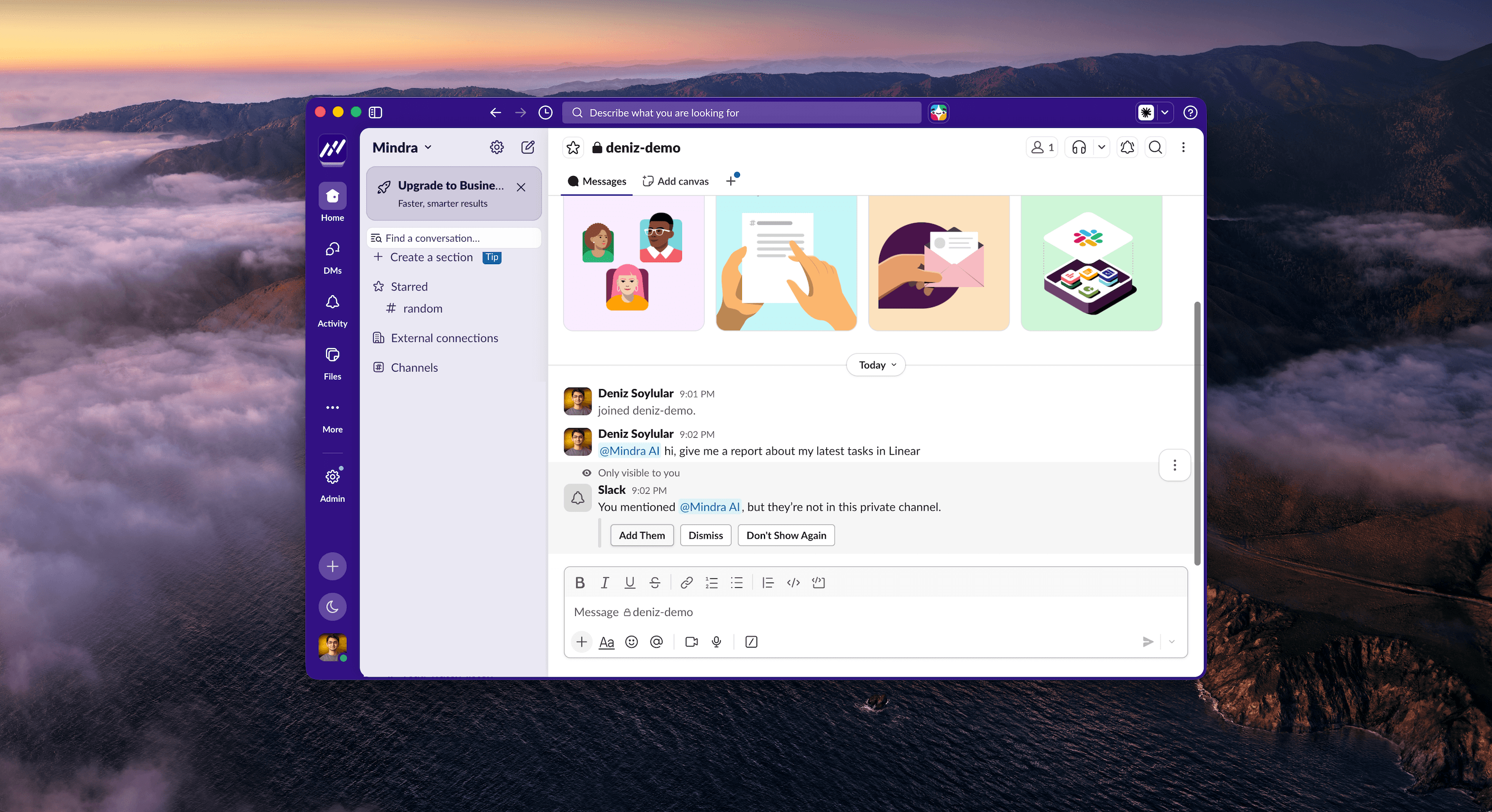 A Slack channel request that mentions Mindra and offers to add the app
