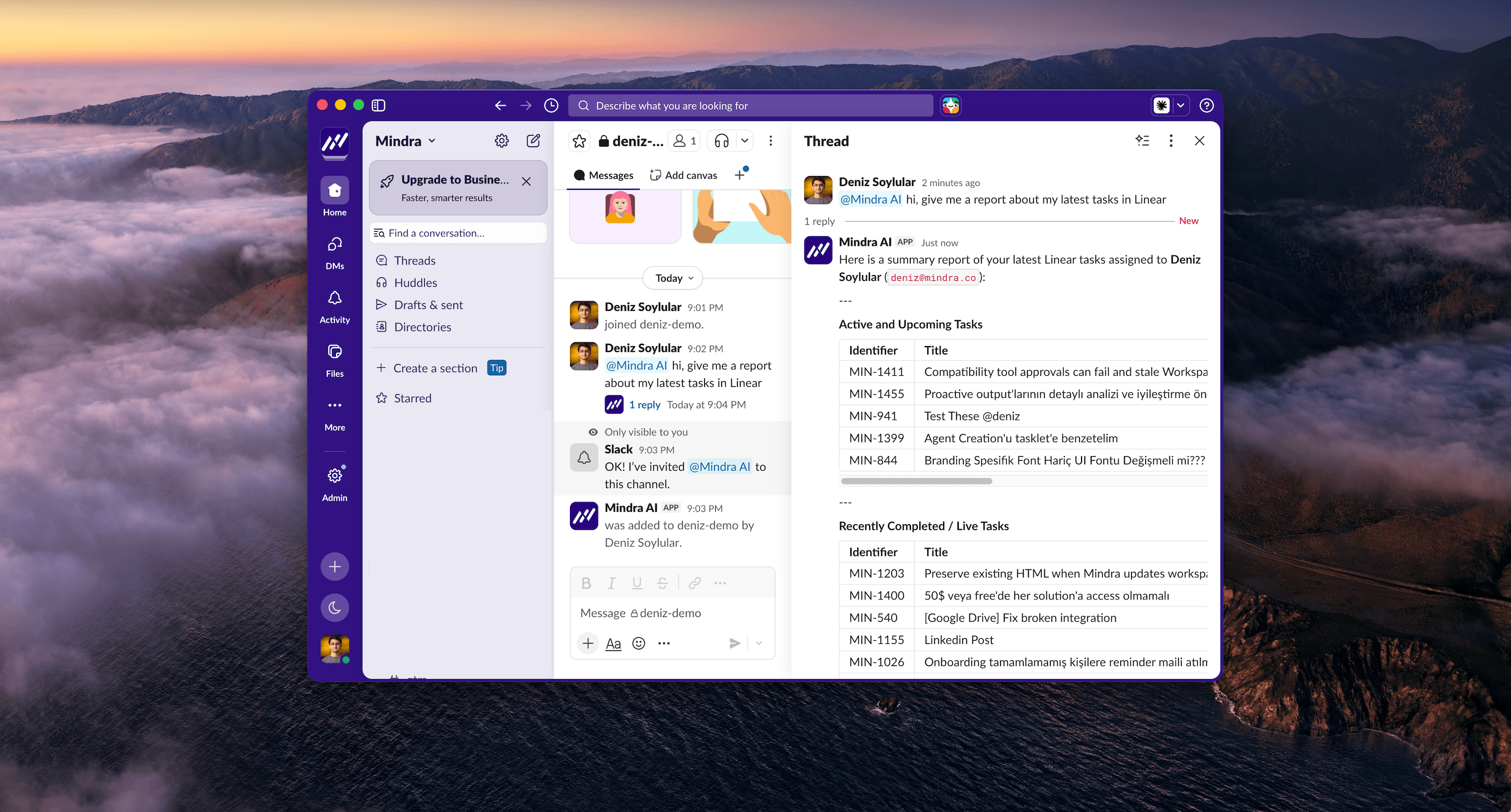 Mindra replying to a Slack request in the same thread
