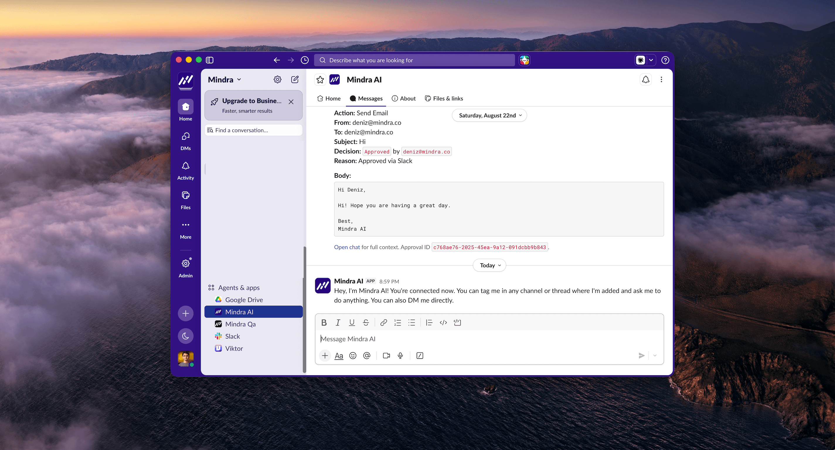 A direct message conversation with Mindra in Slack